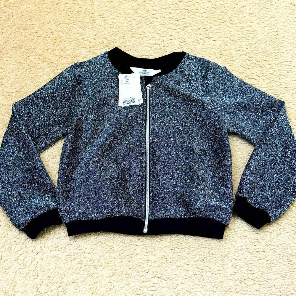 NWT H&M Silver Black Glittery Zippered Cardigan/Bomber Jacked Girl’s Sz 6X/7